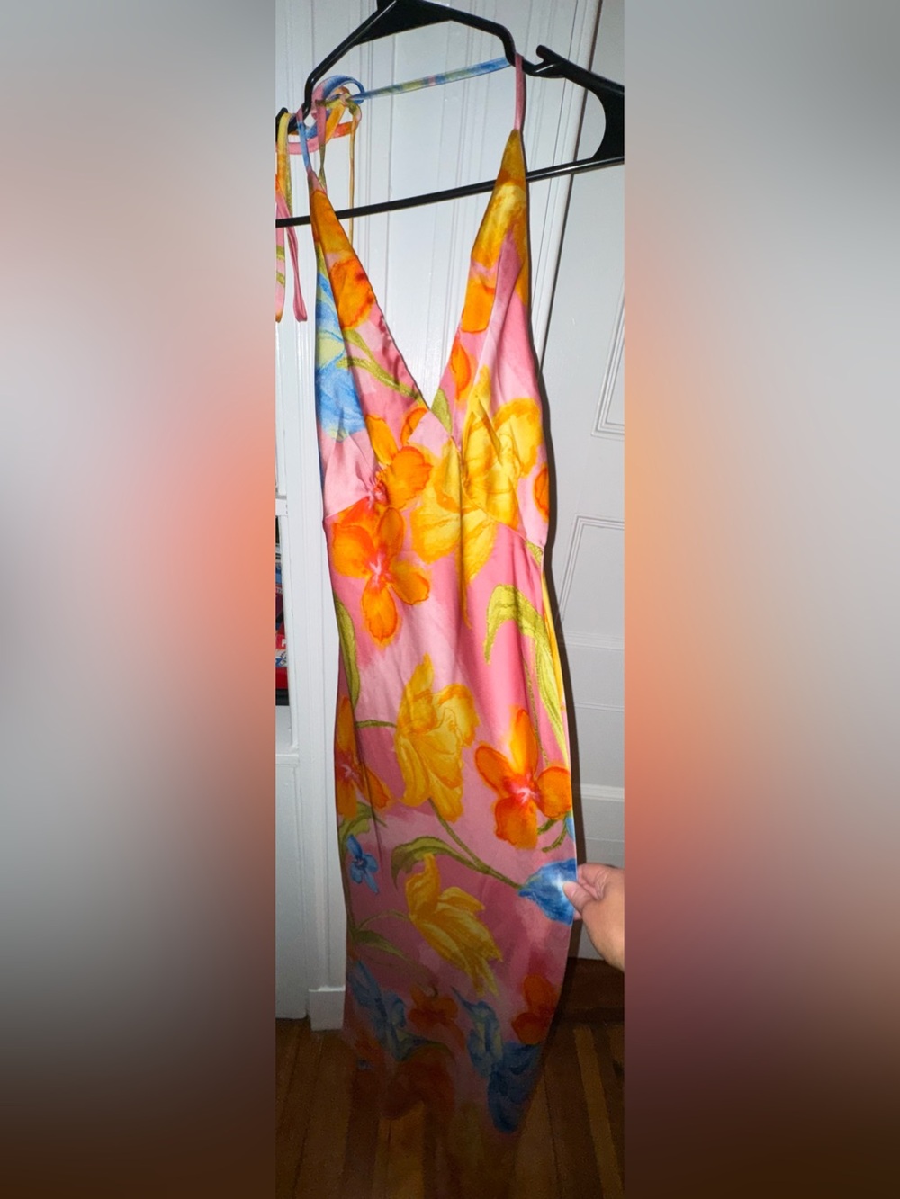 Altar'd State Pink Floral Maxi Dress with Blue & Yellow Accents